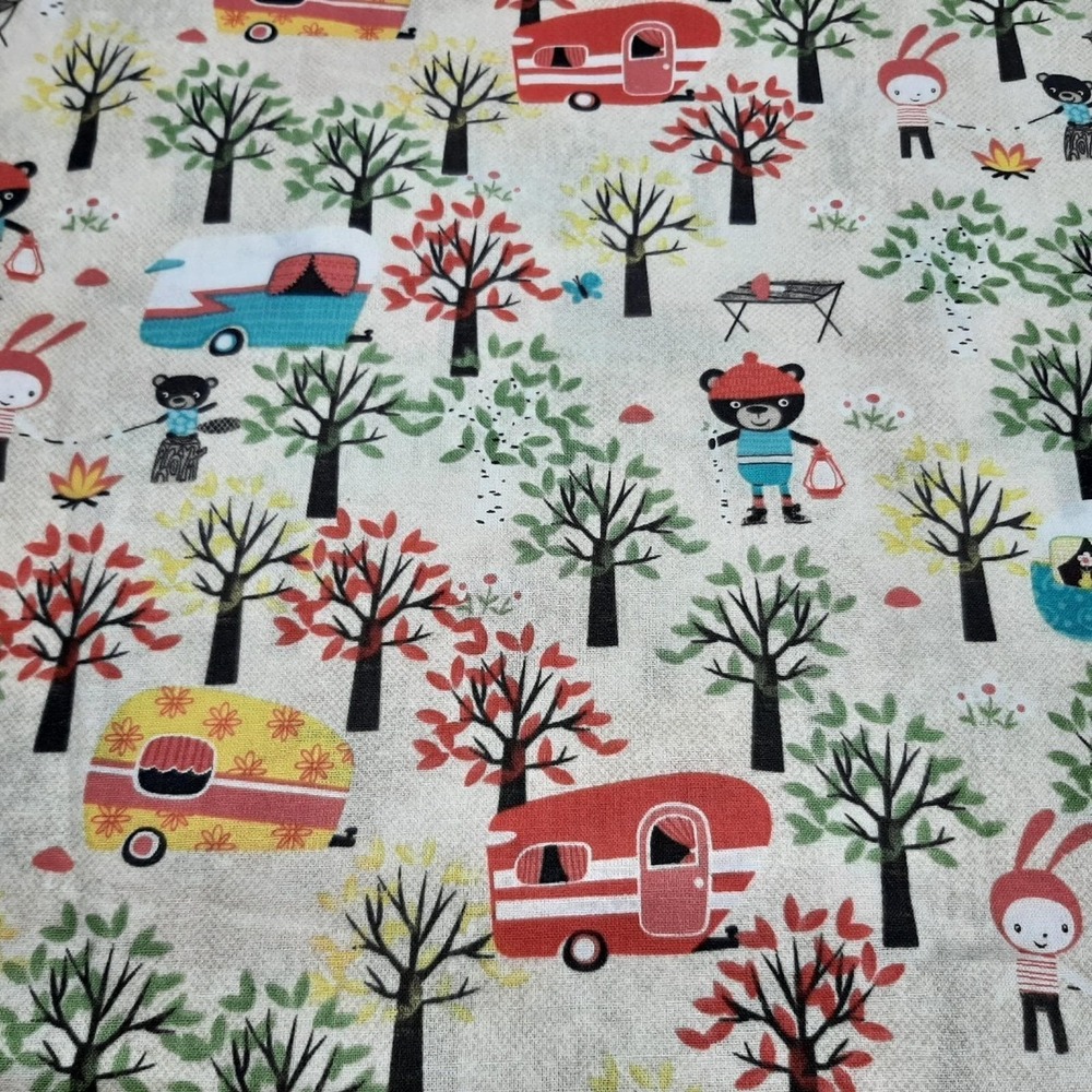 Woodland Animals Camping Vintage Campers Cotton Fabric Material 1 Yard